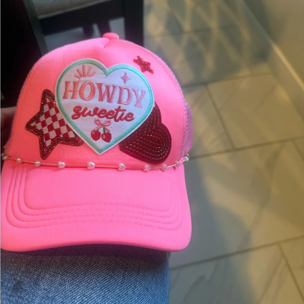 Pink “Howdy Sweetie” Trucker Hat w/ Hearts, Stars & Pearl Detail - Picture 2 of 3